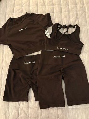 Alphalete Deep Brown 3-Piece Active Set - Top, Sports Bra & Biker Shorts